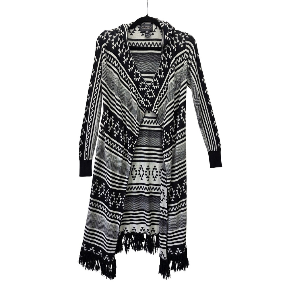 Mia Maddison Hooded Duster Cardigan Black White Tribal Geometric Fringe S